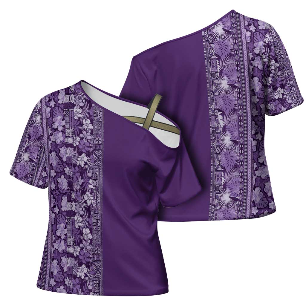 Hawaiian Tribal Elements Hibiscus Cross Shoulder Shirt Purple Pattern - Polynesian Pride