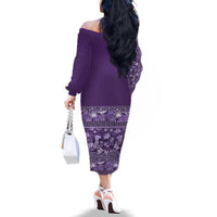 Hawaiian Tribal Elements Hibiscus Family Matching Off The Shoulder Long Sleeve Dress and Hawaiian Shirt Purple Pattern - Polynesian Pride