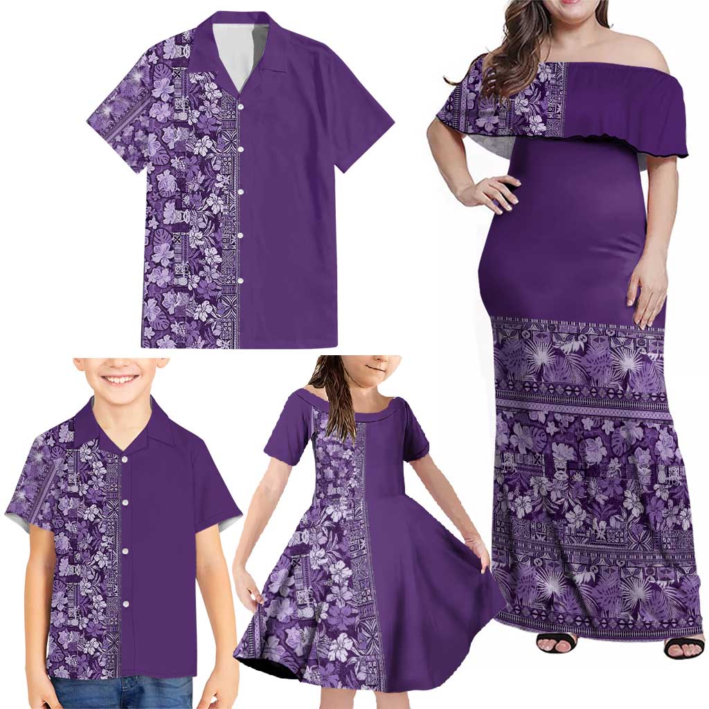 Hawaiian Tribal Elements Hibiscus Family Matching Off Shoulder Maxi Dress and Hawaiian Shirt Purple Pattern - Polynesian Pride