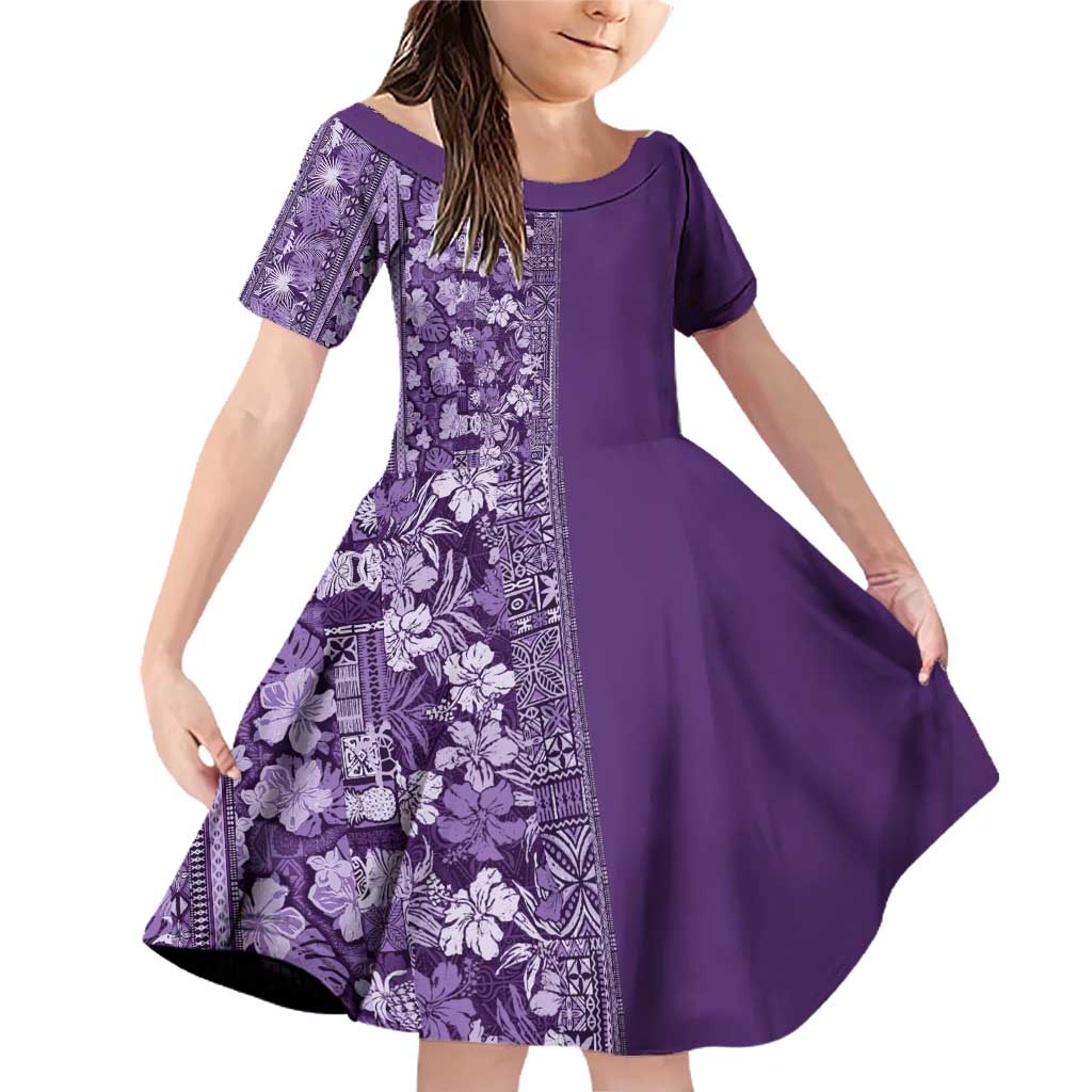 Hawaiian Tribal Elements Hibiscus Family Matching Off Shoulder Short Dress and Hawaiian Shirt Purple Pattern - Polynesian Pride