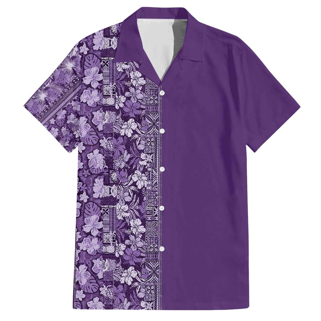 Hawaiian Tribal Elements Hibiscus Family Matching Off Shoulder Short Dress and Hawaiian Shirt Purple Pattern - Polynesian Pride