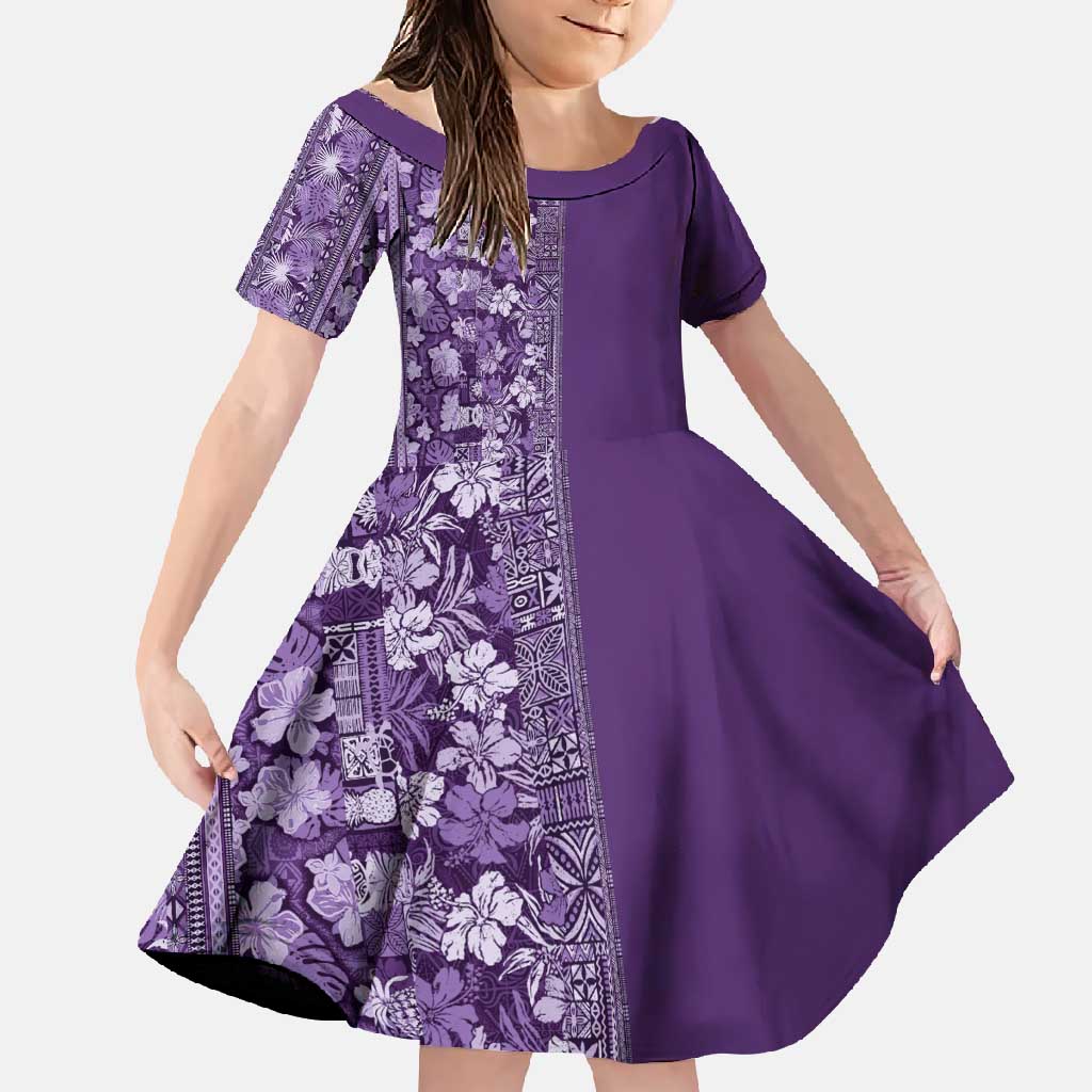 Hawaiian Tribal Elements Hibiscus Family Matching Short Sleeve Bodycon Dress and Hawaiian Shirt Purple Pattern - Polynesian Pride