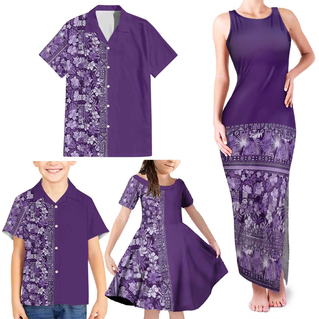 Hawaiian Tribal Elements Hibiscus Family Matching Tank Maxi Dress and Hawaiian Shirt Purple Pattern - Polynesian Pride