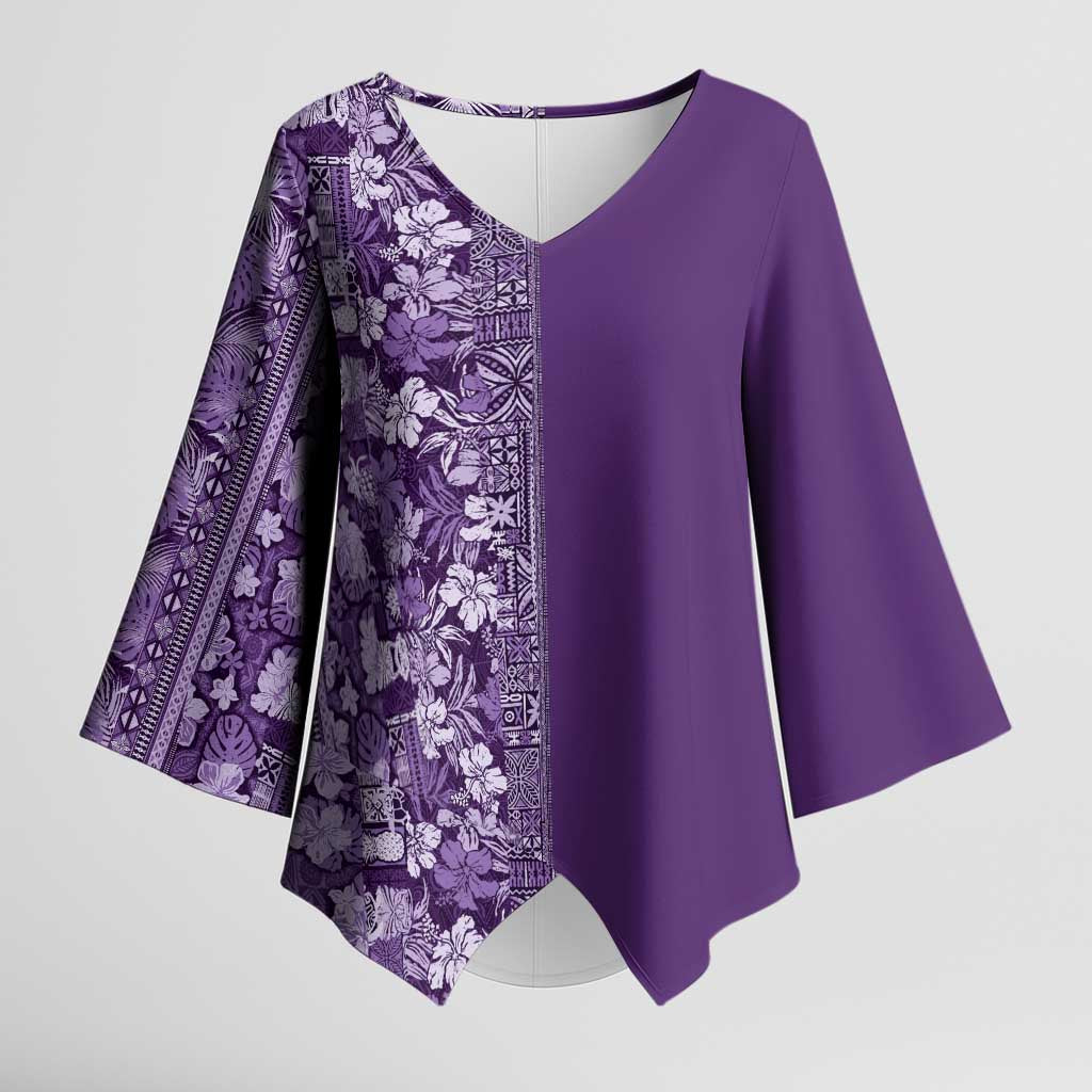 Hawaiian Tribal Elements Hibiscus Kimono Sleeve Blouse Purple Pattern - Polynesian Pride