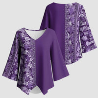 Hawaiian Tribal Elements Hibiscus Kimono Sleeve Blouse Purple Pattern - Polynesian Pride