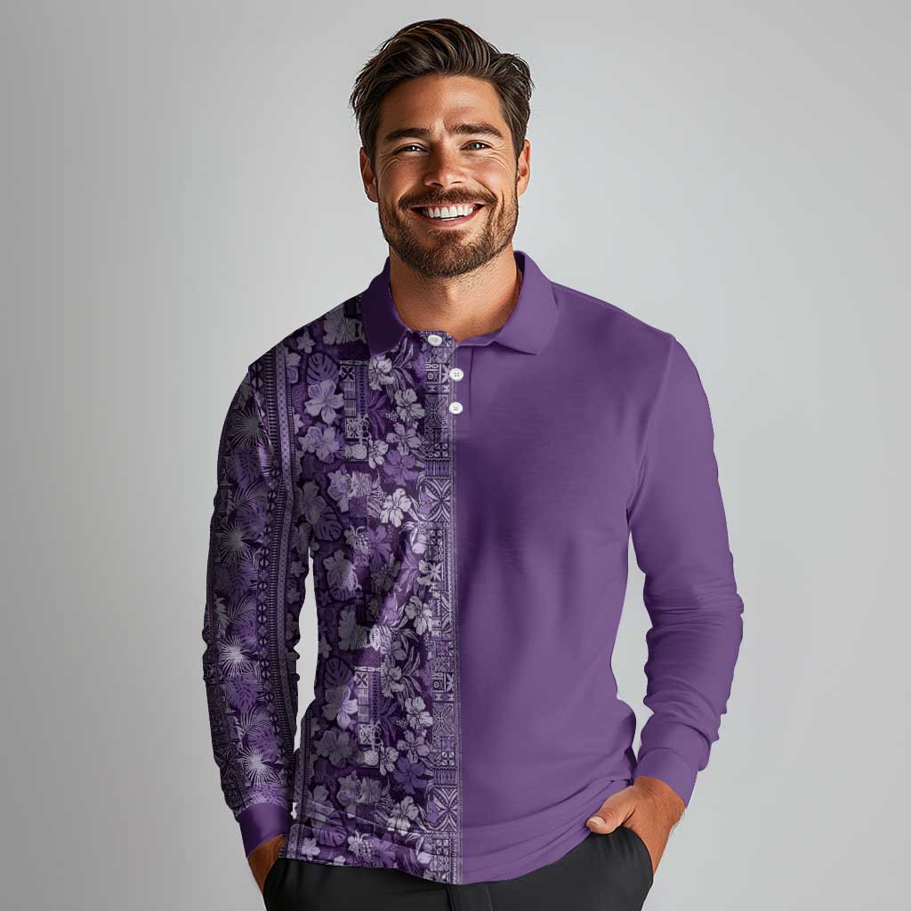 Hawaiian Tribal Elements Hibiscus Long Sleeve Polo Shirt Purple Pattern - Polynesian Pride