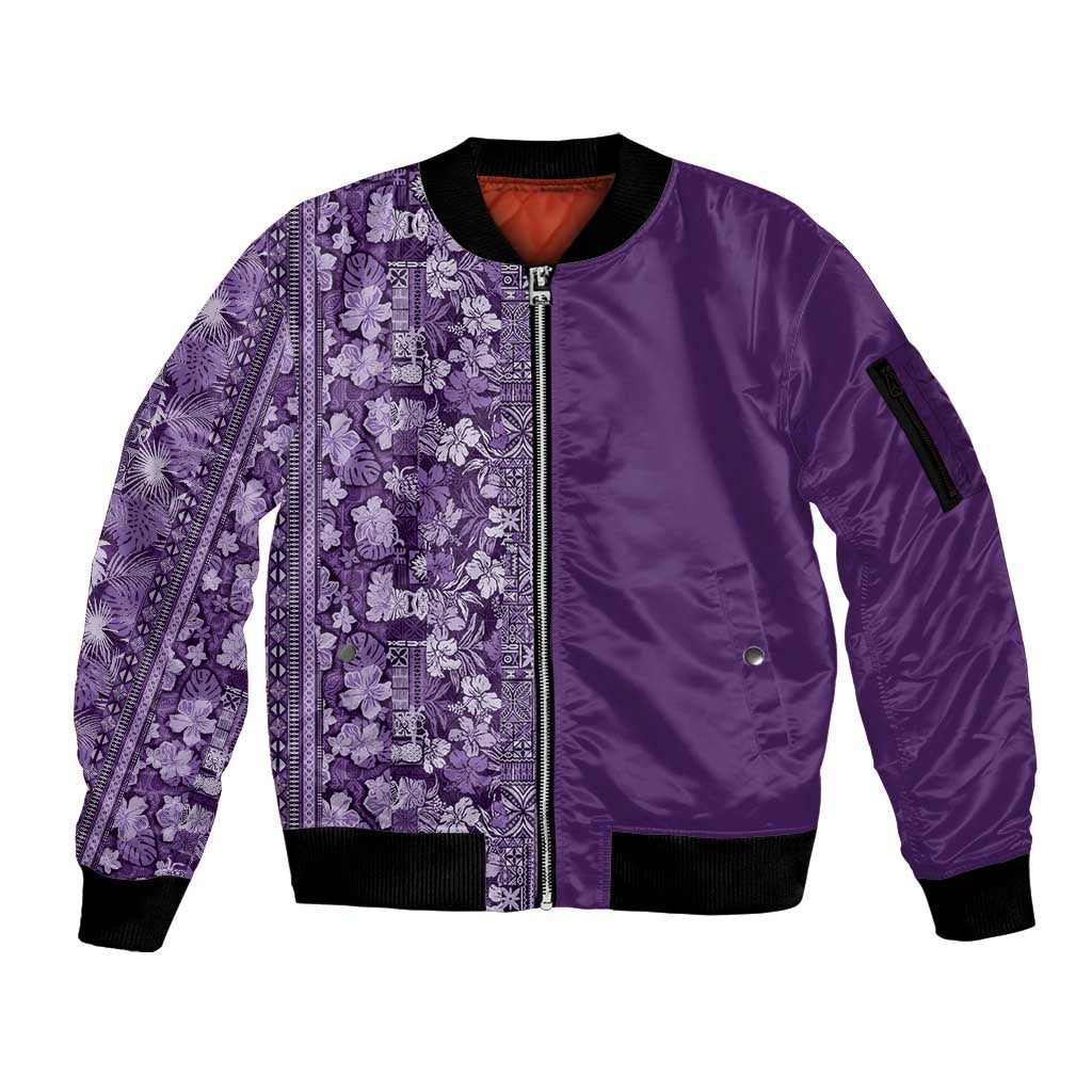 Hawaiian Tribal Elements Hibiscus Sleeve Zip Bomber Jacket Purple Pattern - Polynesian Pride