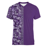 Hawaiian Tribal Elements Hibiscus Women V-Neck T-Shirt Purple Pattern - Polynesian Pride