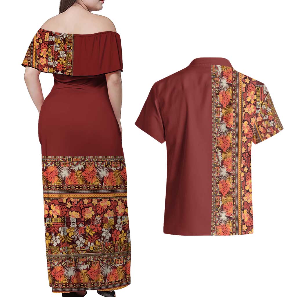 Hawaiian Tribal Elements Hibiscus Couples Matching Off Shoulder Maxi Dress and Hawaiian Shirt Red Pattern - Polynesian Pride