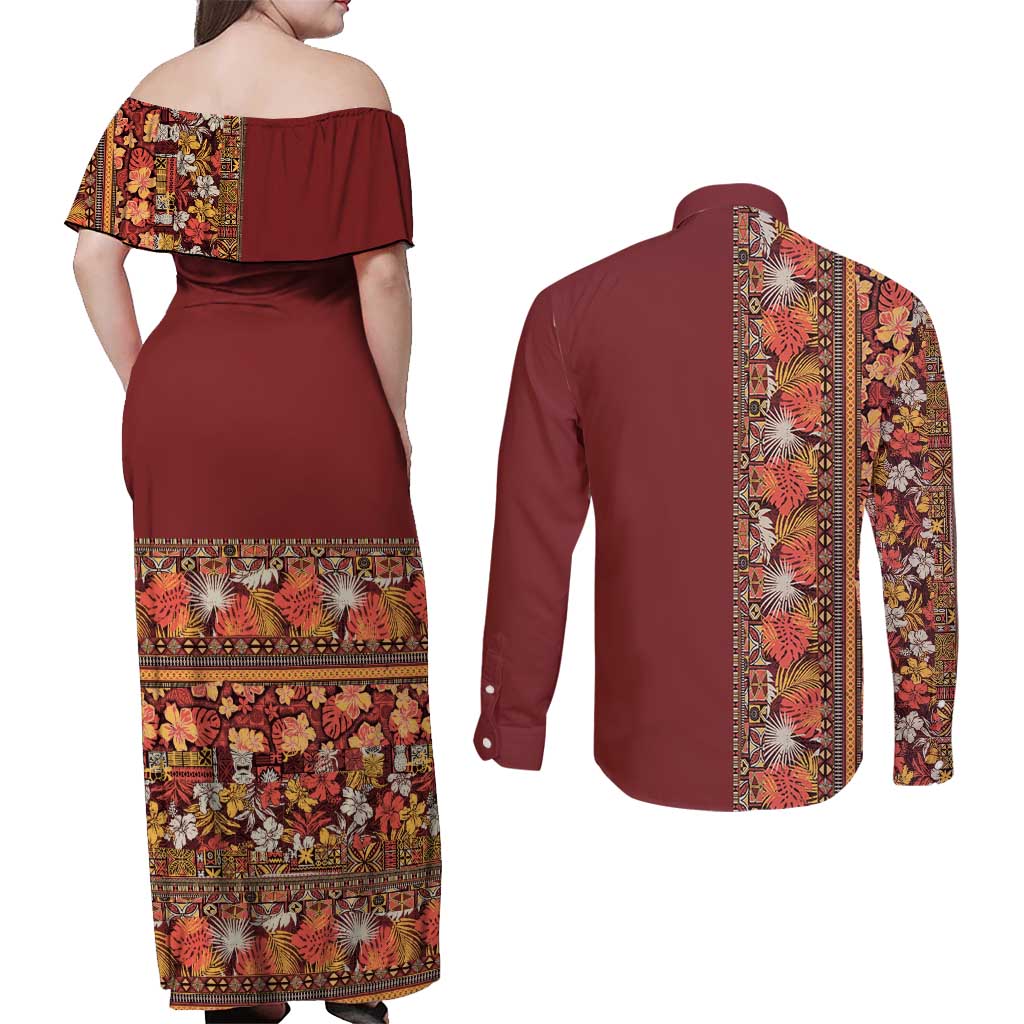 Hawaiian Tribal Elements Hibiscus Couples Matching Off Shoulder Maxi Dress and Long Sleeve Button Shirt Red Pattern - Polynesian Pride