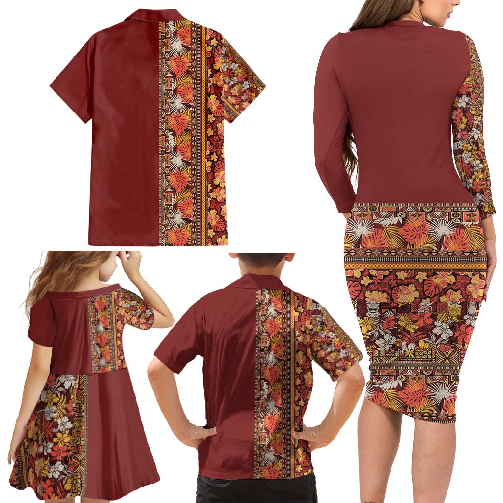 Hawaiian Tribal Elements Hibiscus Family Matching Long Sleeve Bodycon Dress and Hawaiian Shirt Red Pattern - Polynesian Pride