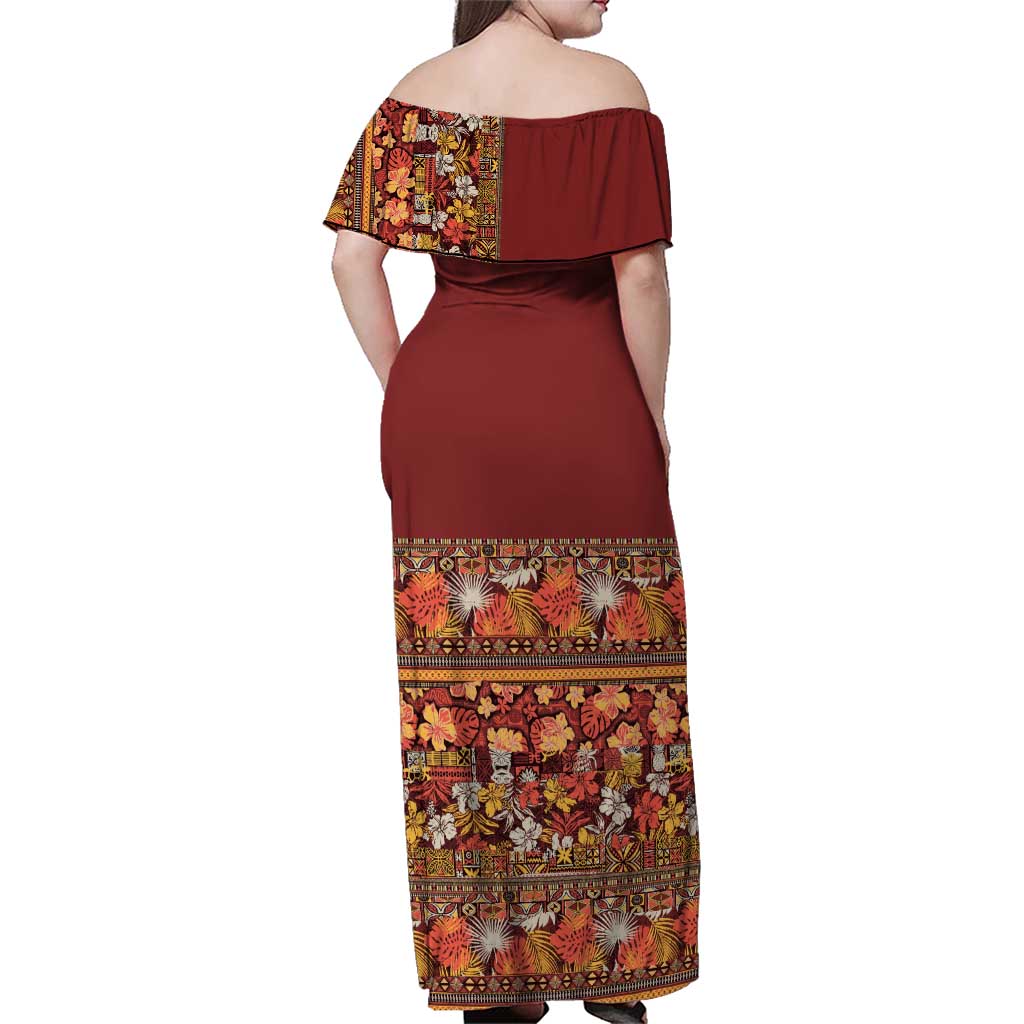 Hawaiian Tribal Elements Hibiscus Family Matching Off Shoulder Maxi Dress and Hawaiian Shirt Red Pattern - Polynesian Pride