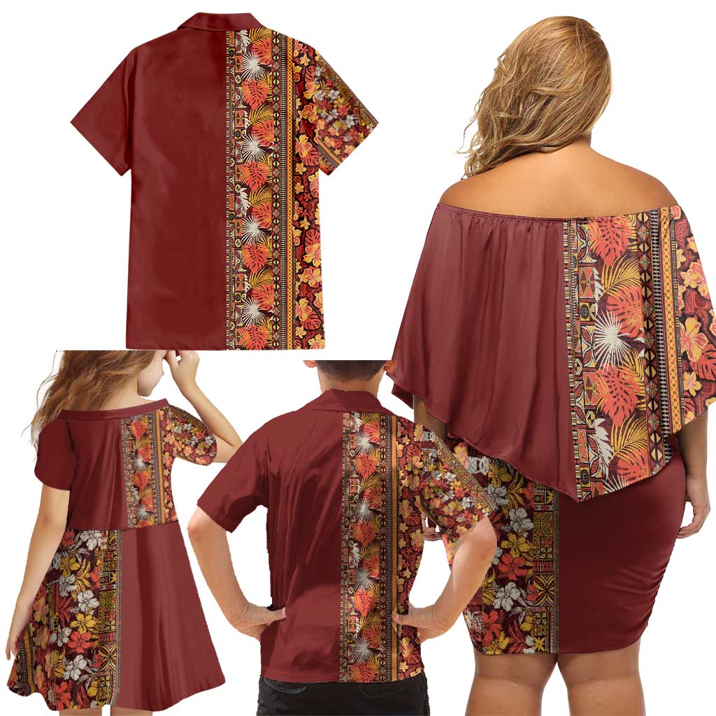 Hawaiian Tribal Elements Hibiscus Family Matching Off Shoulder Short Dress and Hawaiian Shirt Red Pattern - Polynesian Pride