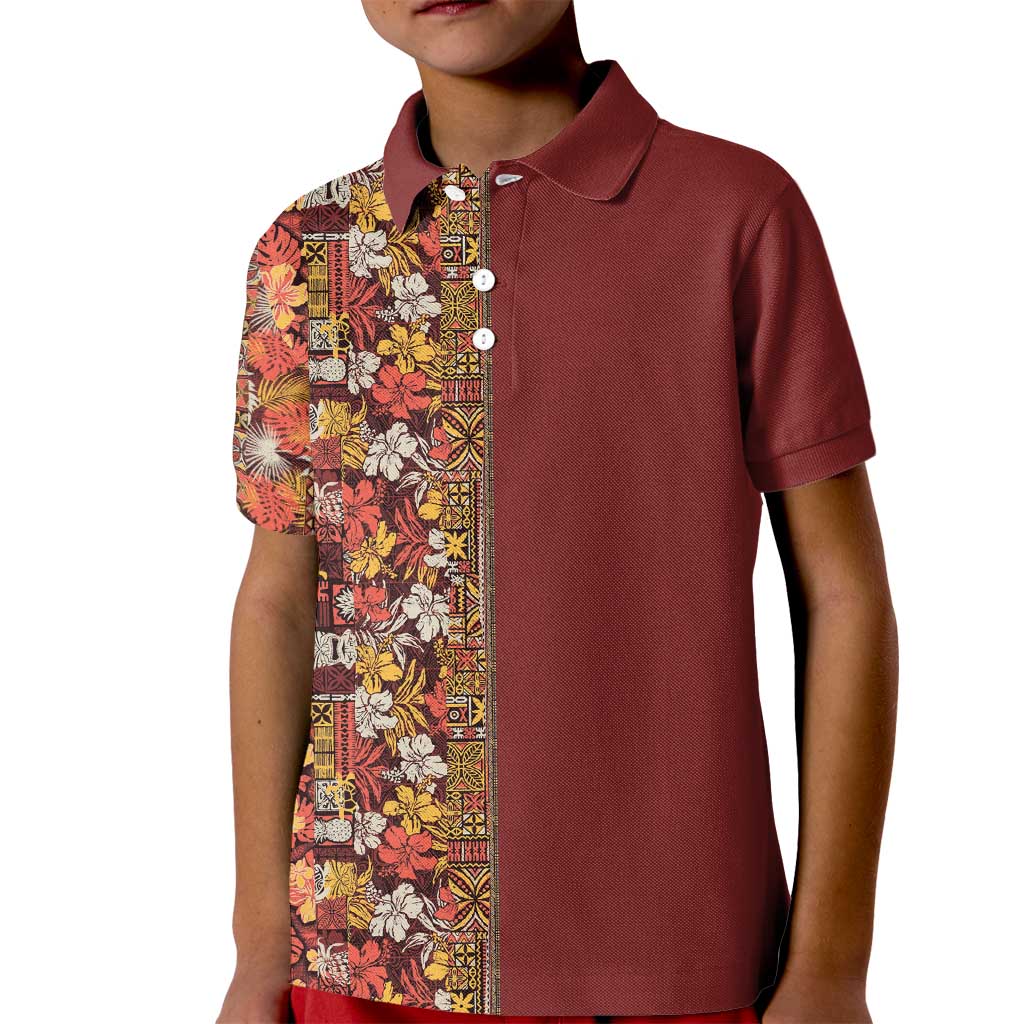 Hawaiian Tribal Elements Hibiscus Kid Polo Shirt Red Pattern - Polynesian Pride