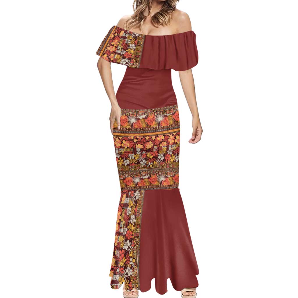 Hawaiian Tribal Elements Hibiscus Mermaid Dress Red Pattern - Polynesian Pride