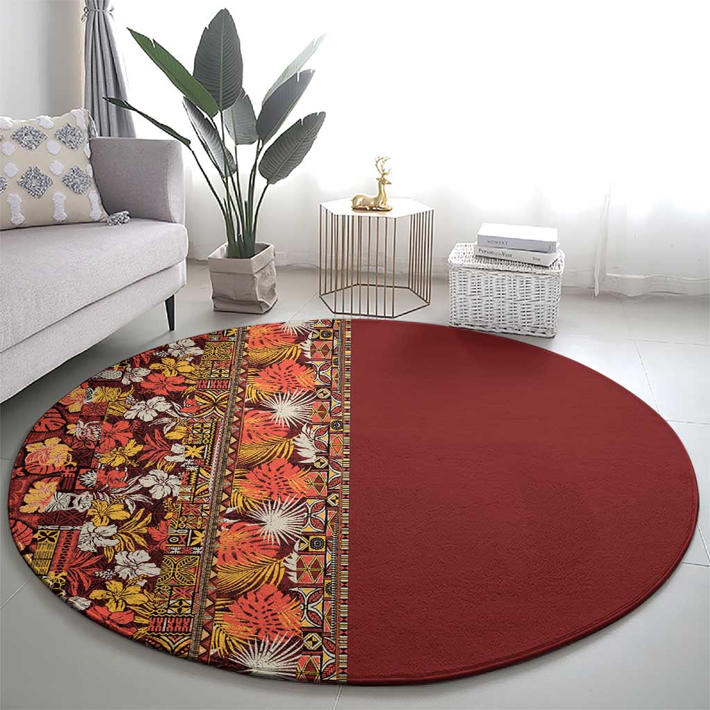 Hawaiian Tribal Elements Hibiscus Round Carpet Red Pattern - Polynesian Pride