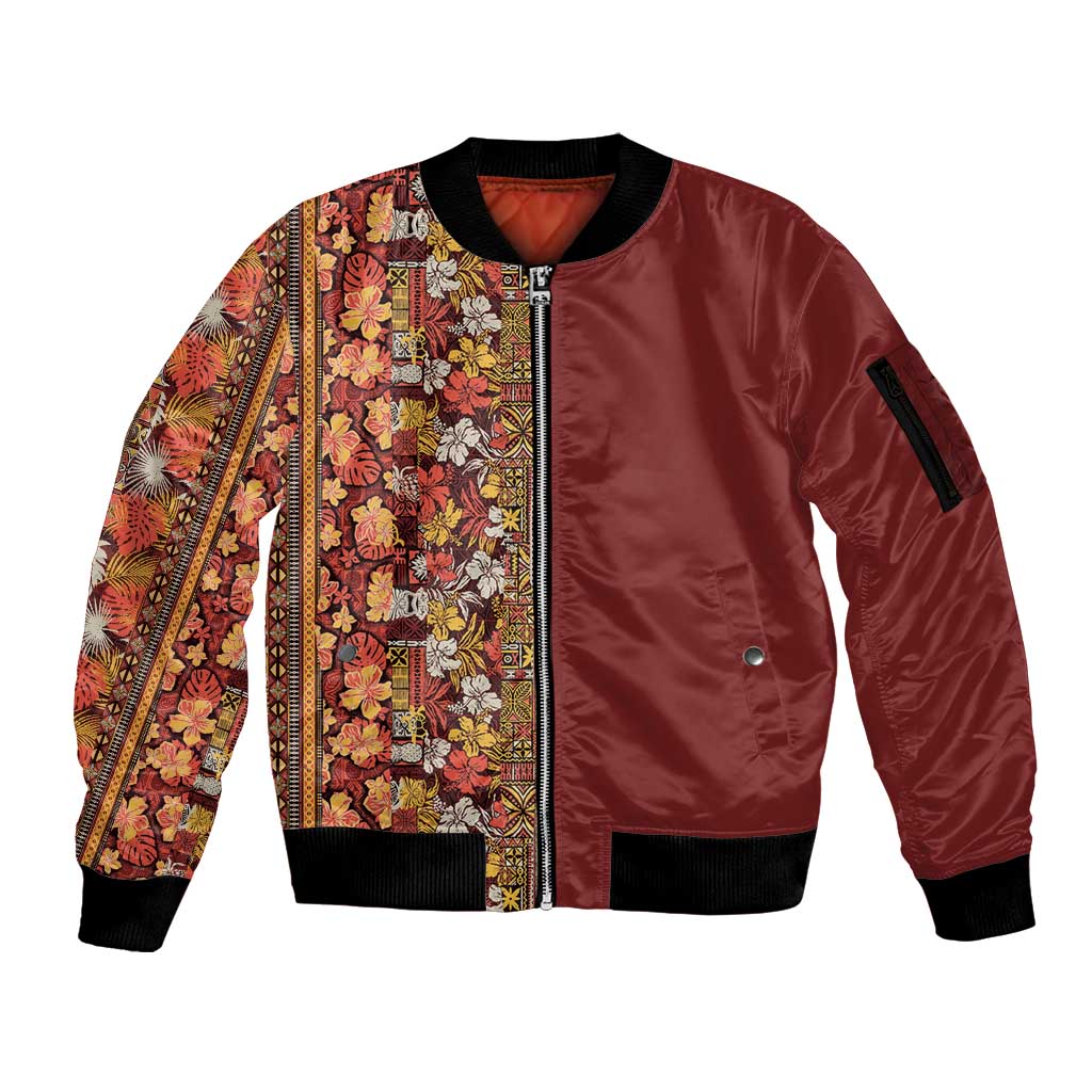 Hawaiian Tribal Elements Hibiscus Sleeve Zip Bomber Jacket Red Pattern - Polynesian Pride