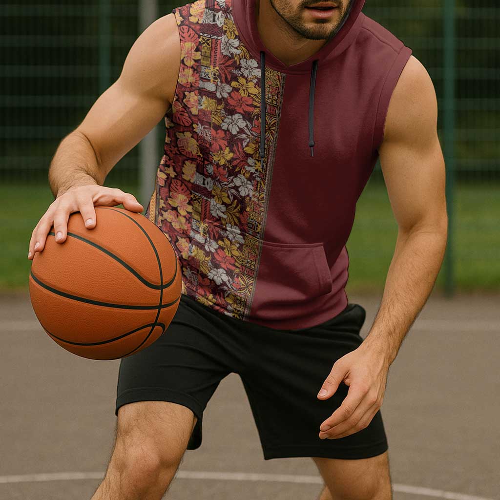 Hawaiian Tribal Elements Hibiscus Sleeveless Hoodie Red Pattern - Polynesian Pride