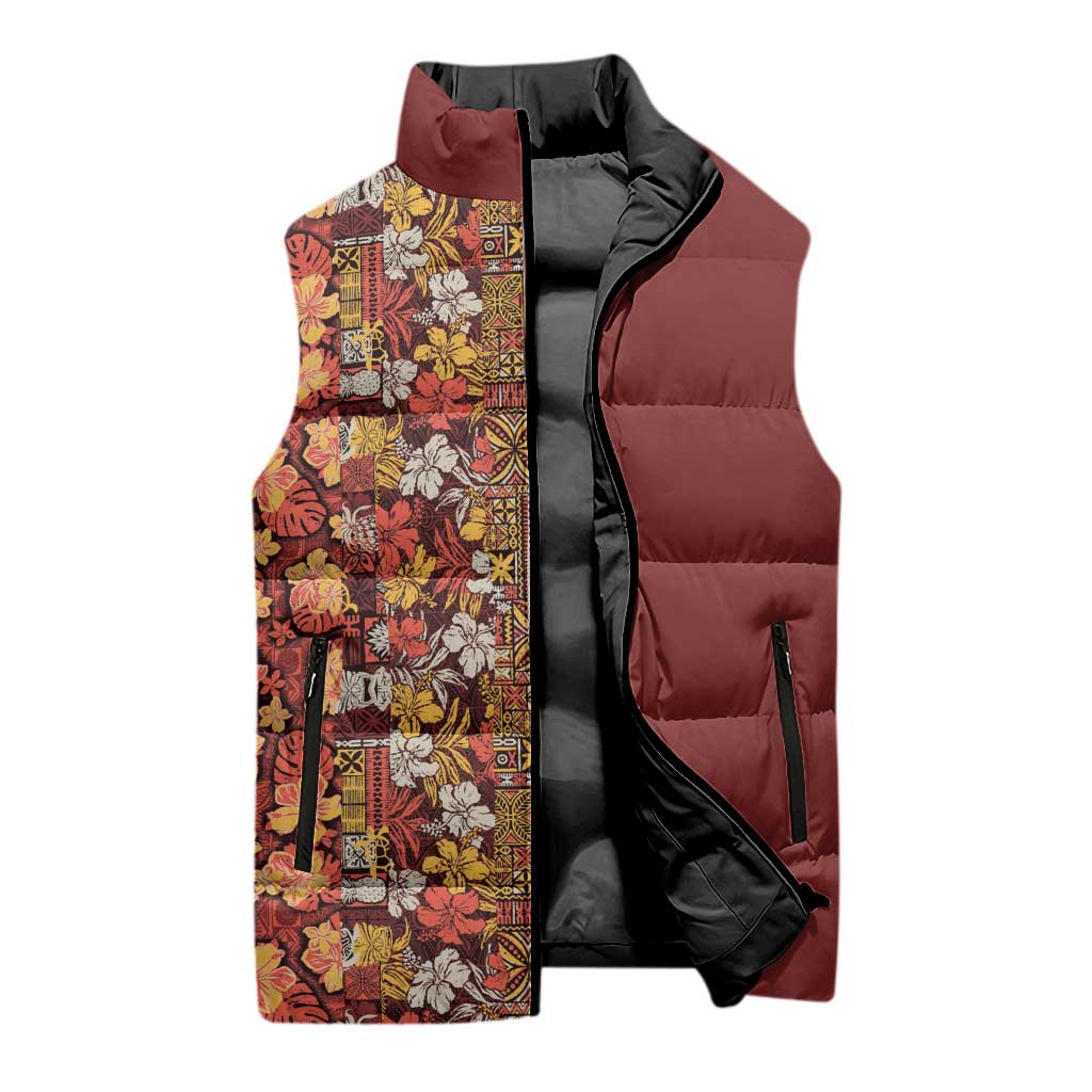 Hawaiian Tribal Elements Hibiscus Sleeveless Puffer Jacket Red Pattern - Polynesian Pride