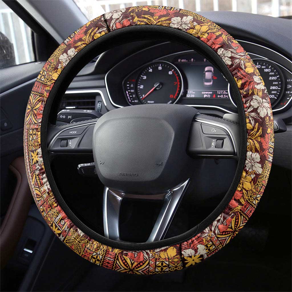 Hawaiian Tribal Elements Hibiscus Steering Wheel Cover Red Pattern - Polynesian Pride