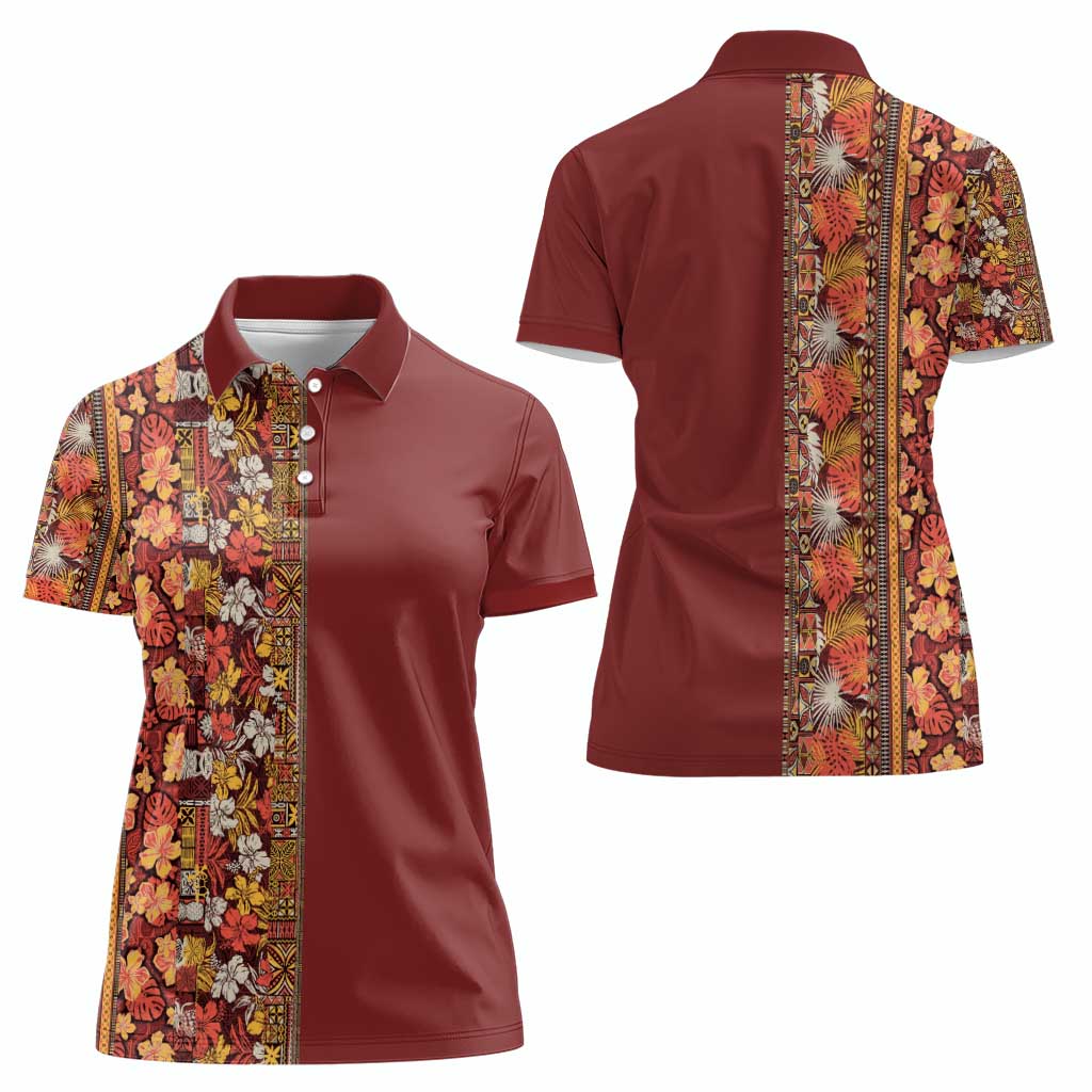 Hawaiian Tribal Elements Hibiscus Women Polo Shirt Red Pattern - Polynesian Pride