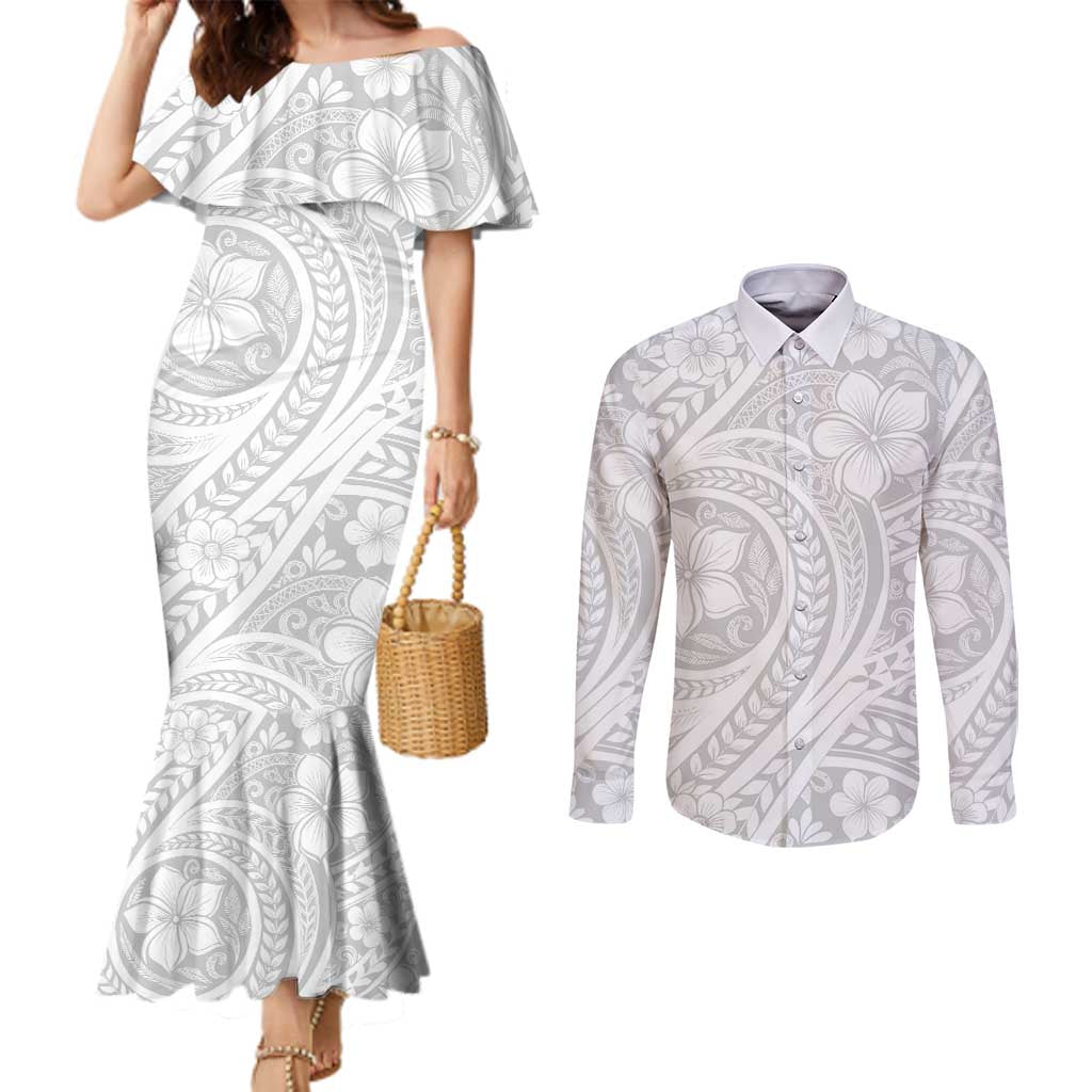Lotu Tamaiti Samoan Polynesian Tribal Couples Matching Mermaid Dress and Long Sleeve Button Shirt LT9 White - Polynesian Pride