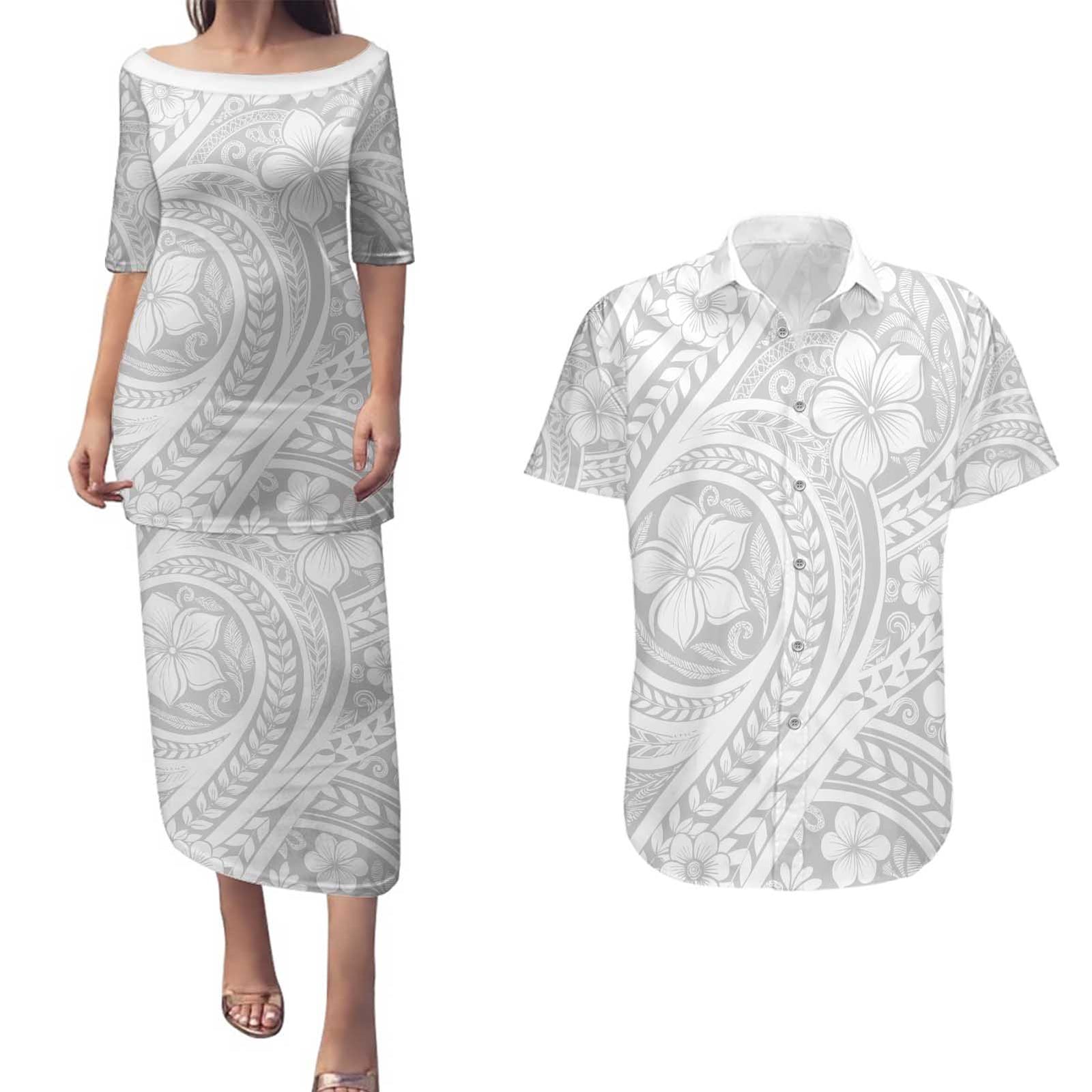Lotu Tamaiti Samoan Polynesian Tribal Couples Matching Puletasi and Hawaiian Shirt LT9 White - Polynesian Pride
