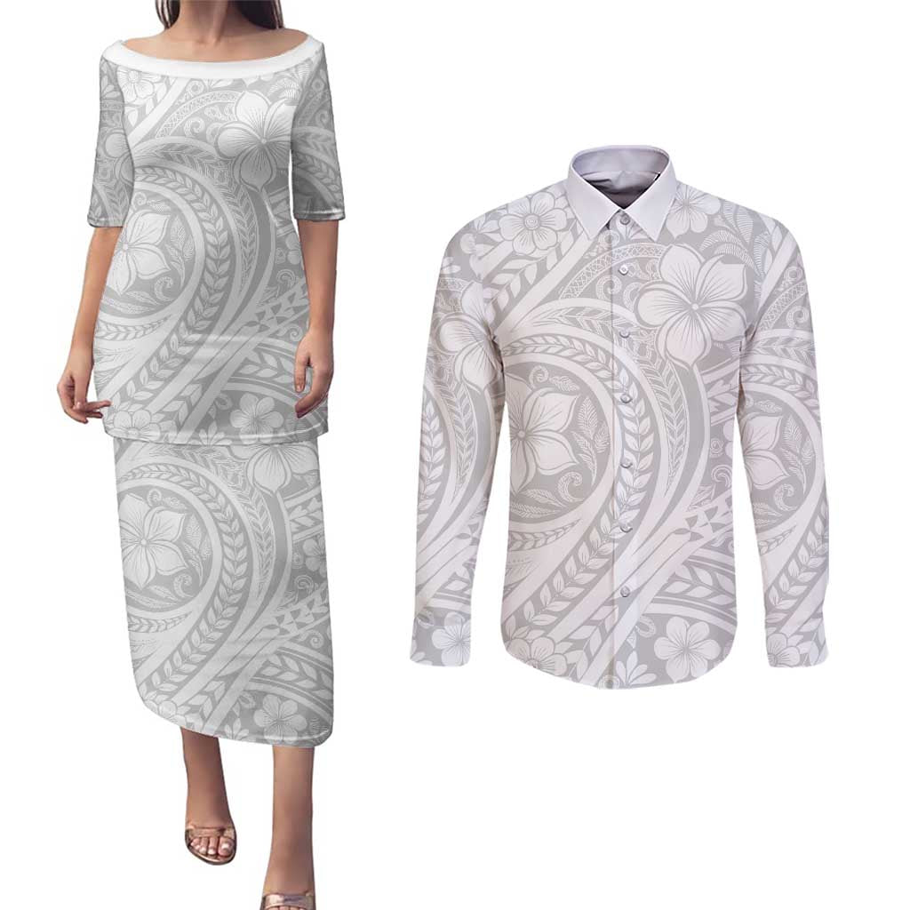 Lotu Tamaiti Samoan Polynesian Tribal Couples Matching Puletasi and Long Sleeve Button Shirt LT9 White - Polynesian Pride