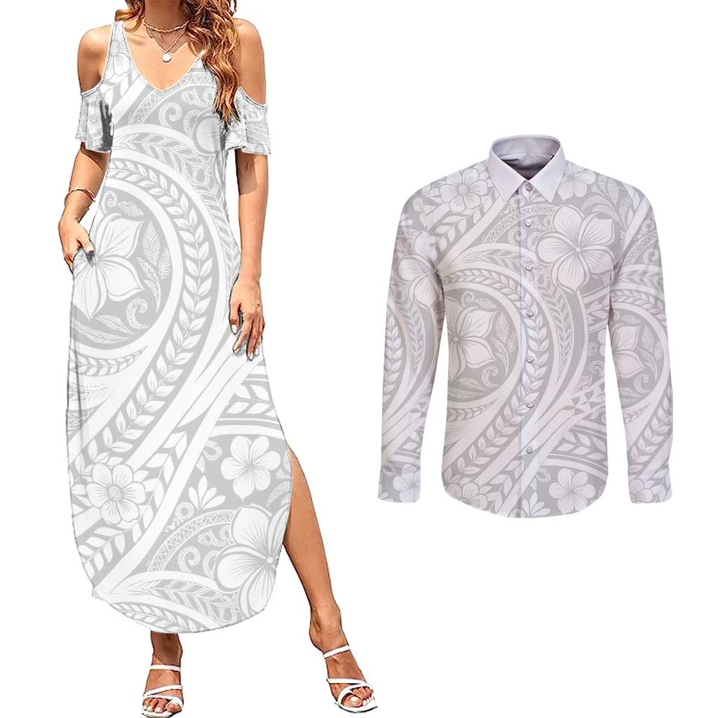Lotu Tamaiti Samoan Polynesian Tribal Couples Matching Summer Maxi Dress and Long Sleeve Button Shirt LT9 White - Polynesian Pride
