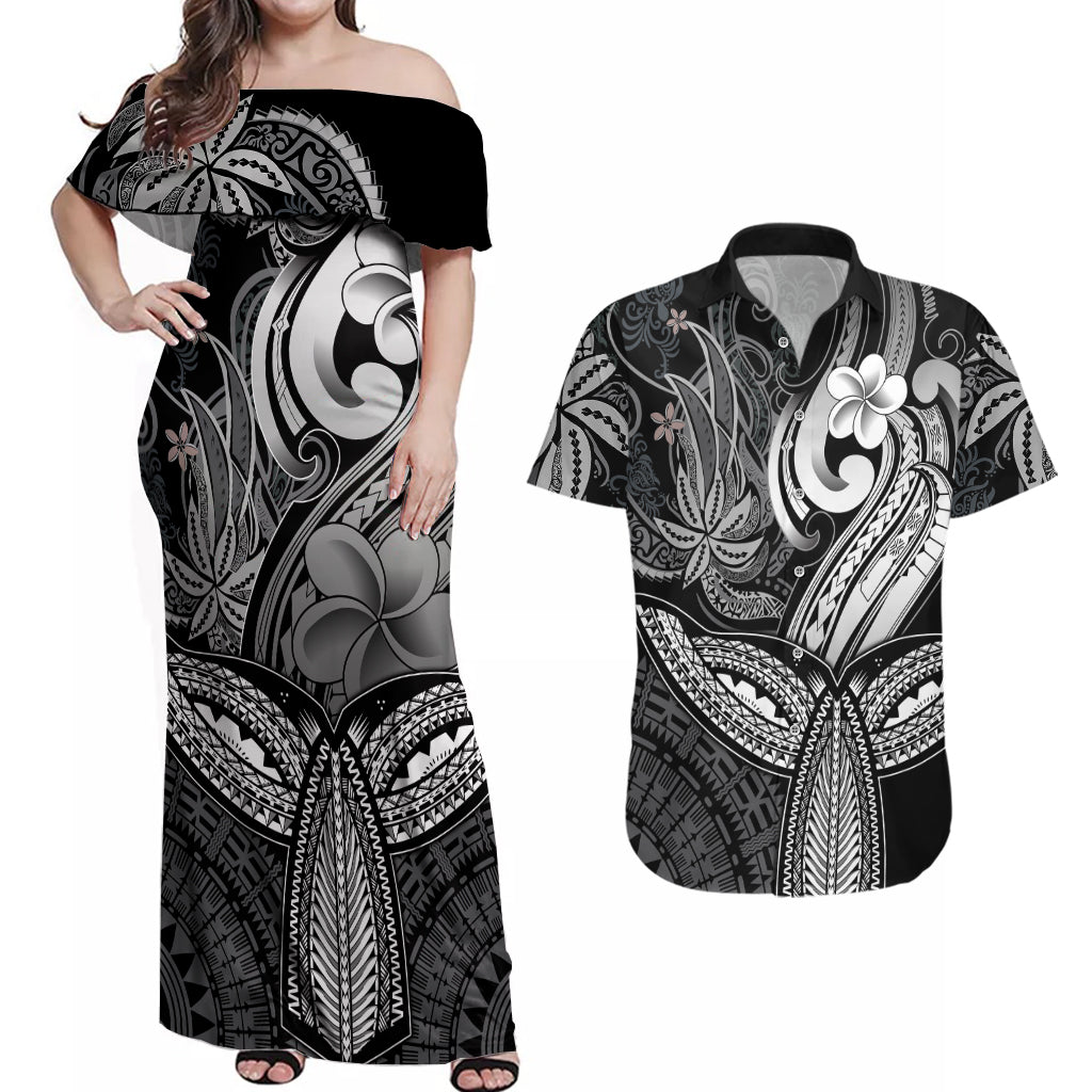 Polynesia Couples Matching Off Shoulder Maxi Dress and Hawaiian Shirt Whale Tale and Polynesian Sunset Plumeria Black LT9 Black - Polynesian Pride