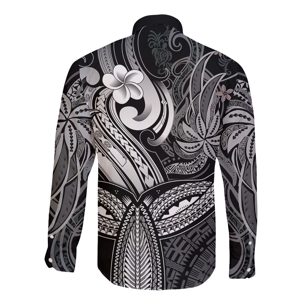 Polynesia Long Sleeve Button Shirt Whale Tale and Polynesian Sunset Plumeria Black LT9 - Polynesian Pride