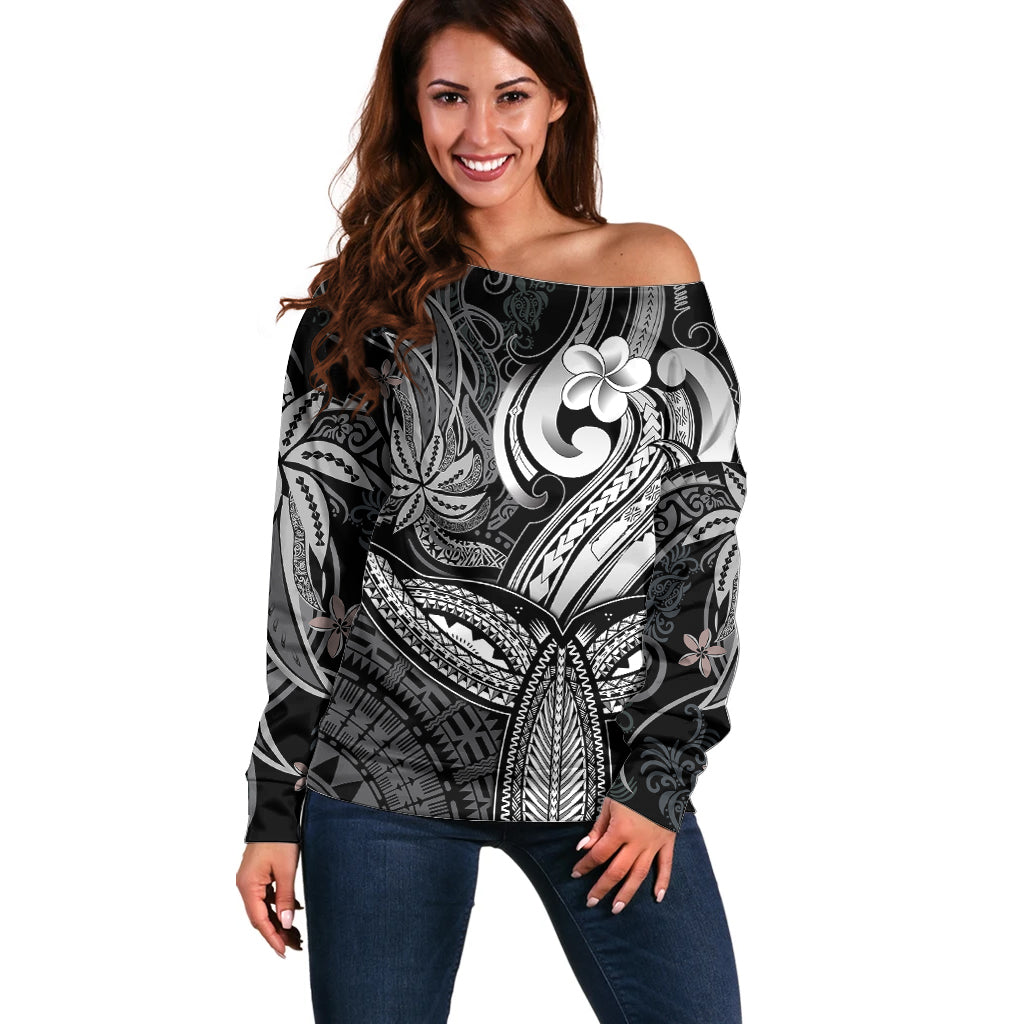 Polynesia Off Shoulder Sweater Whale Tale and Polynesian Sunset Plumeria Black LT9 Women Black - Polynesian Pride
