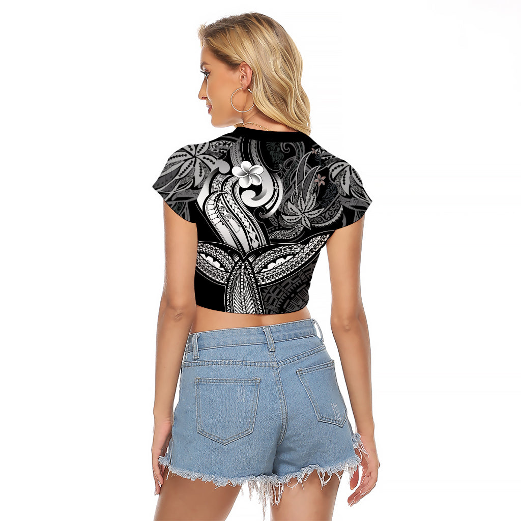 Polynesia Raglan Cropped T Shirt Whale Tale and Polynesian Sunset Plumeria Black LT9 - Polynesian Pride