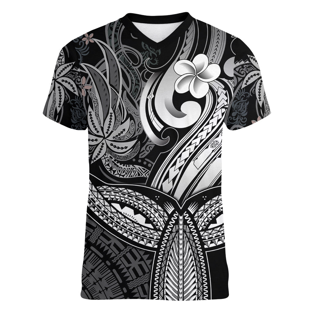 Polynesia Women V Neck T Shirt Whale Tale and Polynesian Sunset Plumeria Black LT9 Female Black - Polynesian Pride