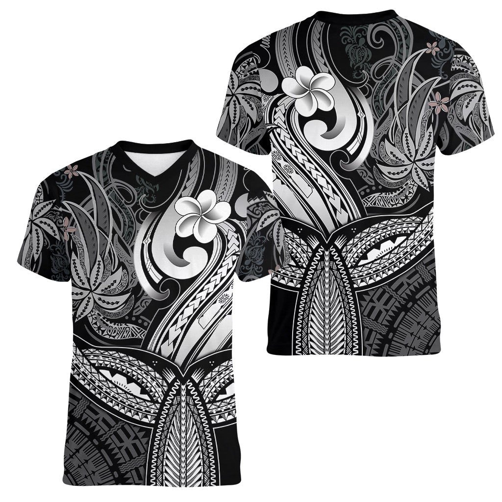 Polynesia Women V Neck T Shirt Whale Tale and Polynesian Sunset Plumeria Black LT9 - Polynesian Pride