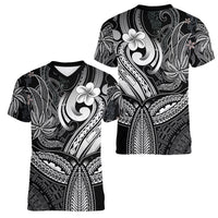 Polynesia Women V Neck T Shirt Whale Tale and Polynesian Sunset Plumeria Black LT9 - Polynesian Pride