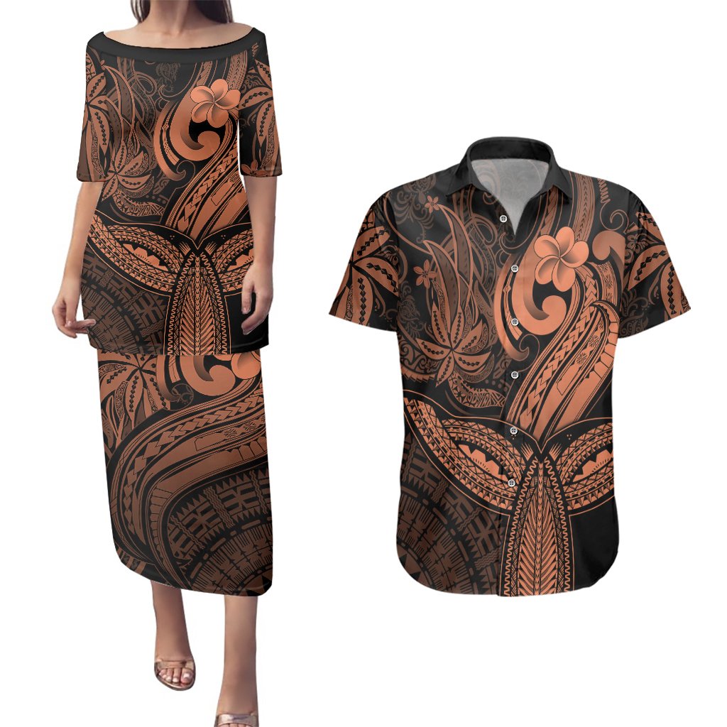 Polynesia Couples Matching Puletasi Dress and Hawaiian Shirt Whale Tale and Polynesian Sunset Plumeria Gold LT9 Gold - Polynesian Pride