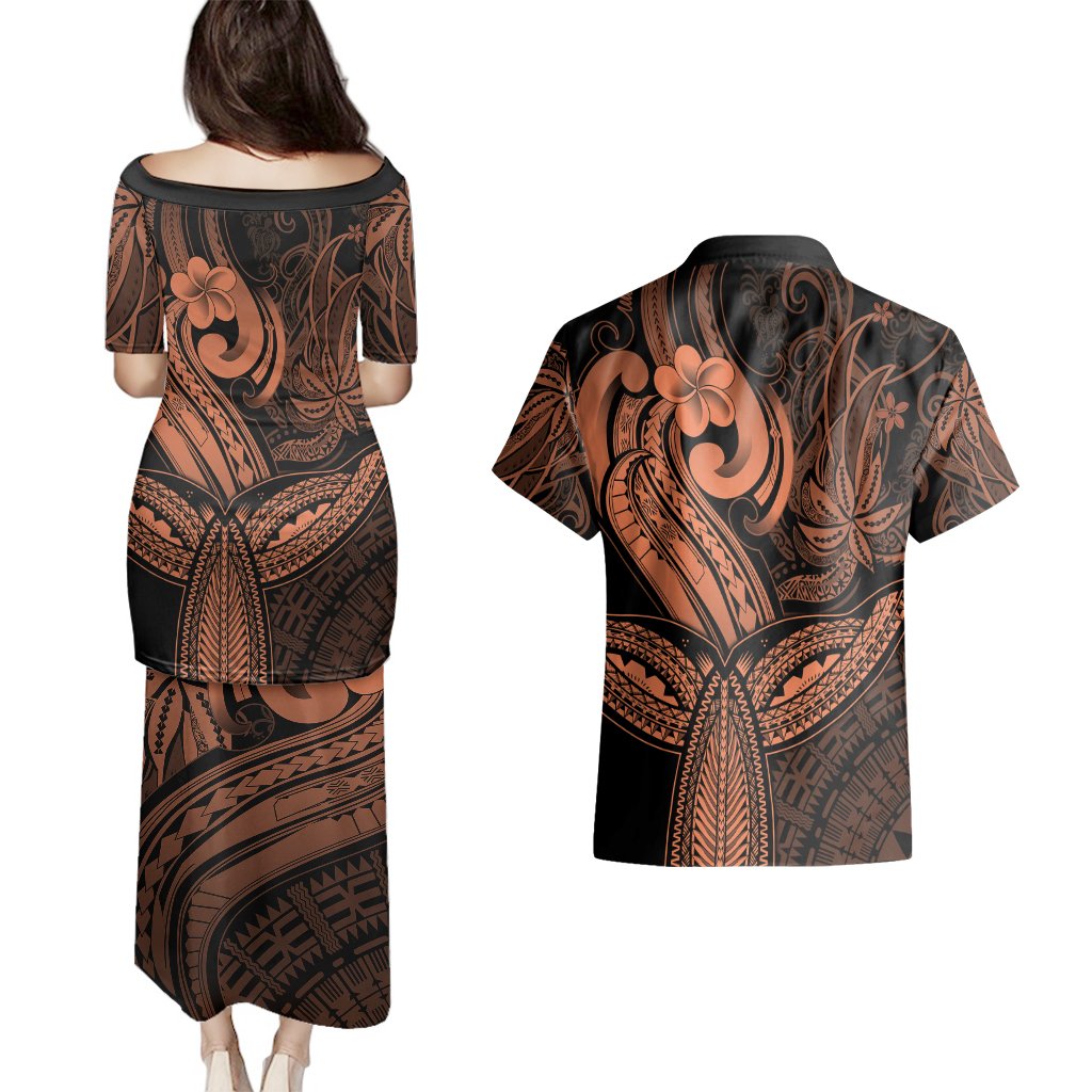 Polynesia Couples Matching Puletasi Dress and Hawaiian Shirt Whale Tale and Polynesian Sunset Plumeria Gold LT9 - Polynesian Pride