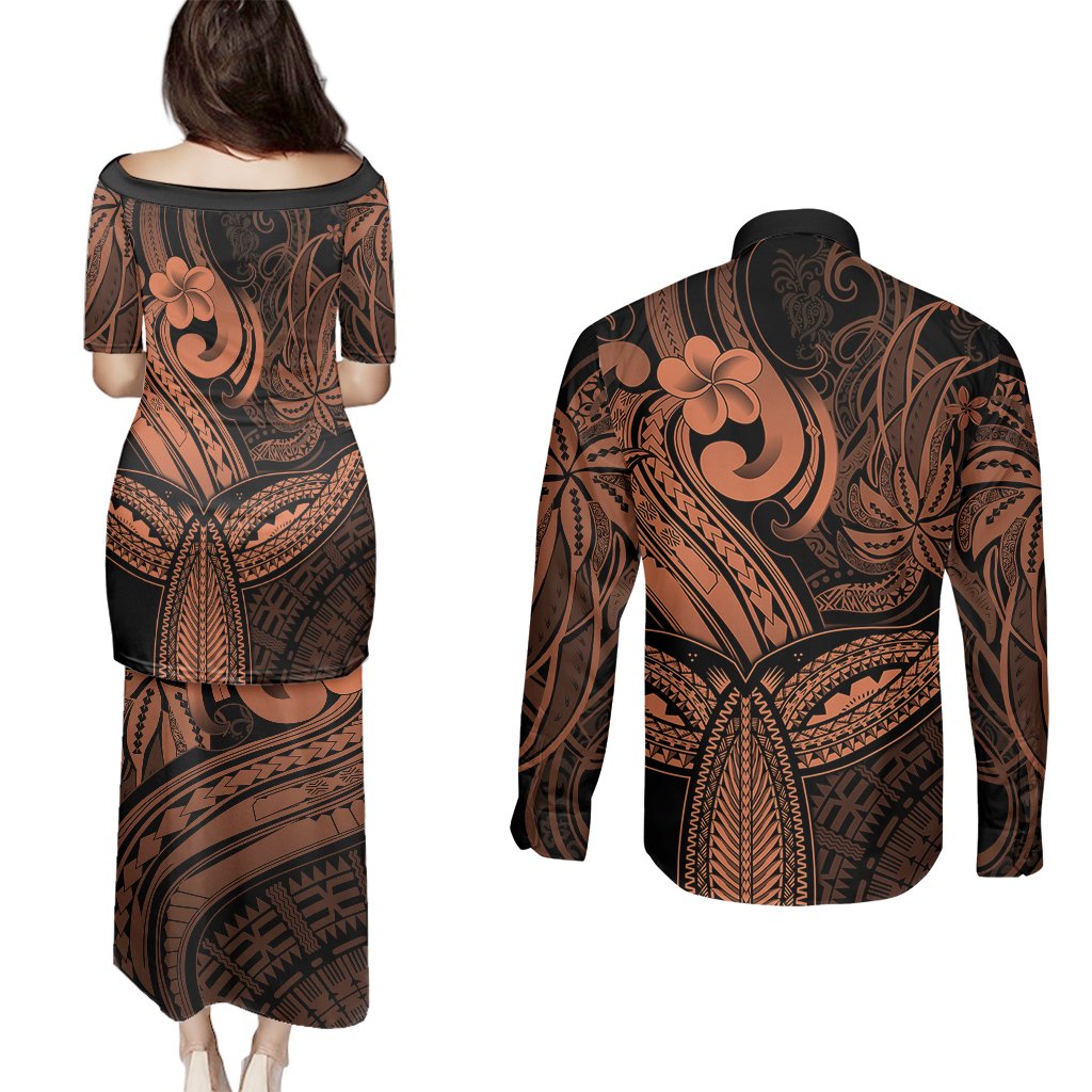 Polynesia Couples Matching Puletasi Dress and Long Sleeve Button Shirts Whale Tale and Polynesian Sunset Plumeria Gold LT9 - Polynesian Pride