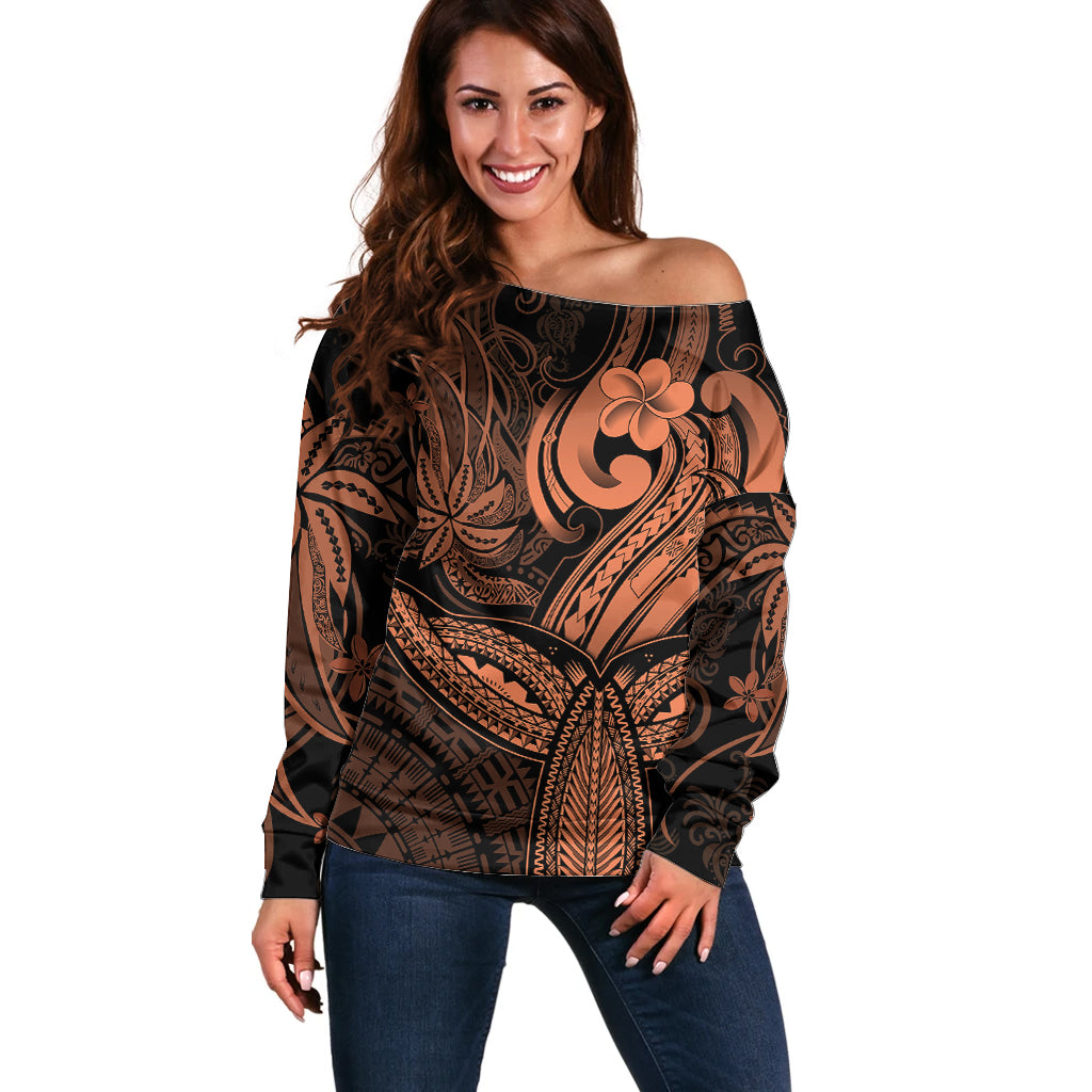 Polynesia Off Shoulder Sweater Whale Tale and Polynesian Sunset Plumeria Gold LT9 Women Gold - Polynesian Pride