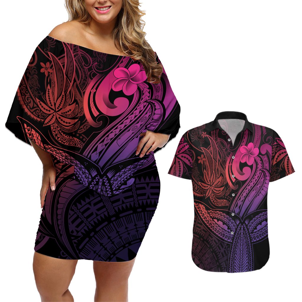 Polynesia Couples Matching Off Shoulder Short Dress and Hawaiian Shirt Whale Tale and Polynesian Sunset Plumeria Pink LT9 Pink - Polynesian Pride