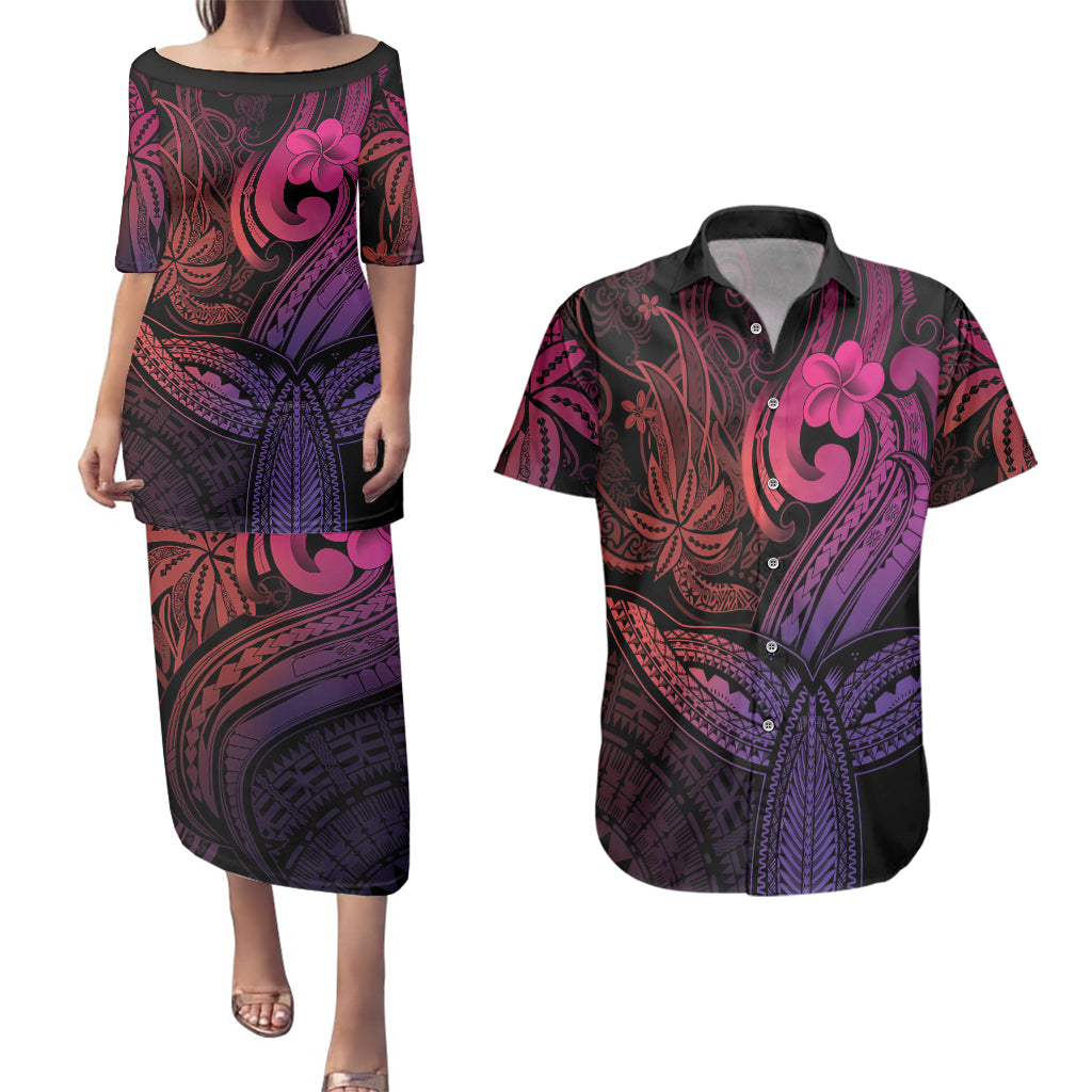 Polynesia Couples Matching Puletasi Dress and Hawaiian Shirt Whale Tale and Polynesian Sunset Plumeria Pink LT9 Pink - Polynesian Pride