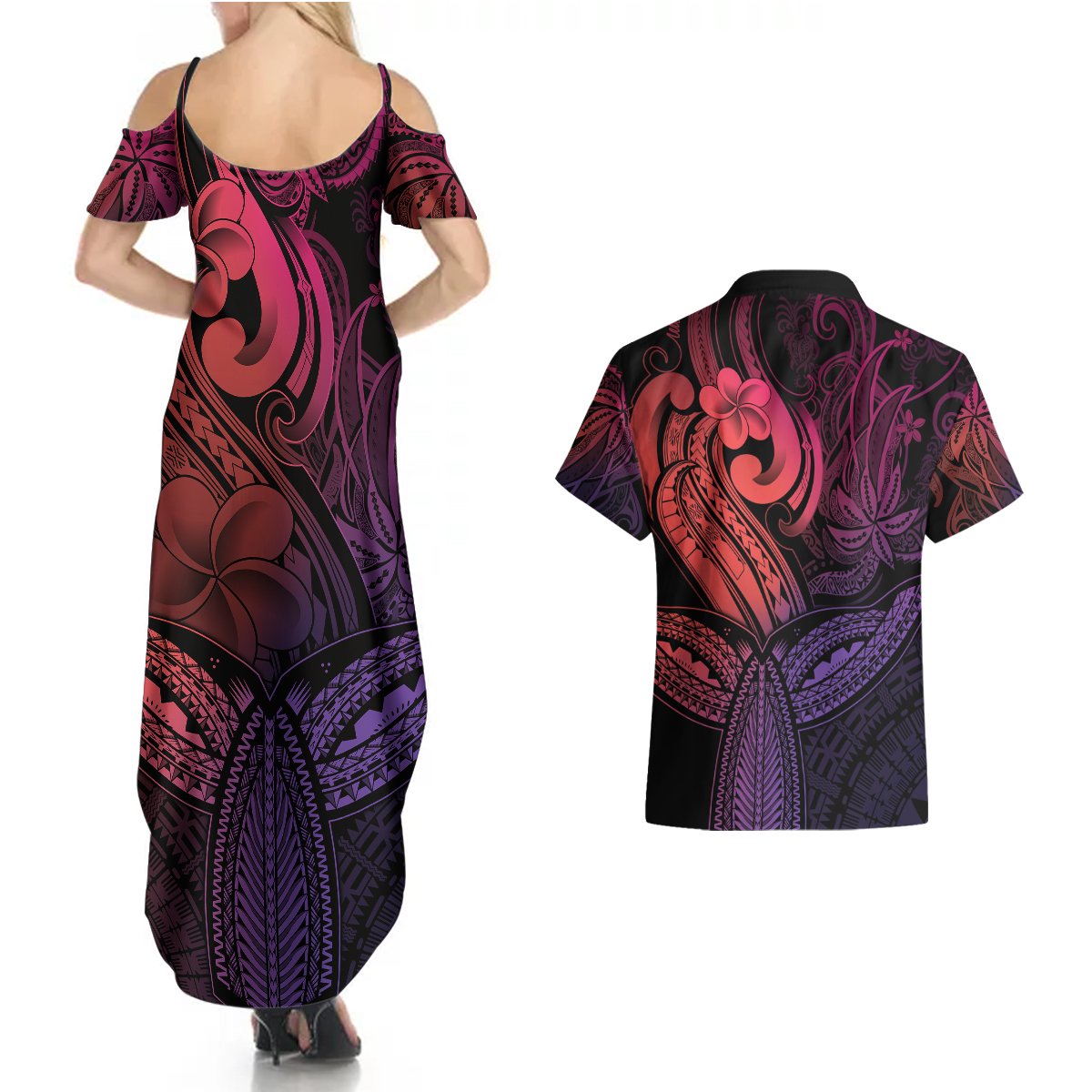 Polynesia Couples Matching Summer Maxi Dress and Hawaiian Shirt Whale Tale and Polynesian Sunset Plumeria Pink LT9 - Polynesian Pride
