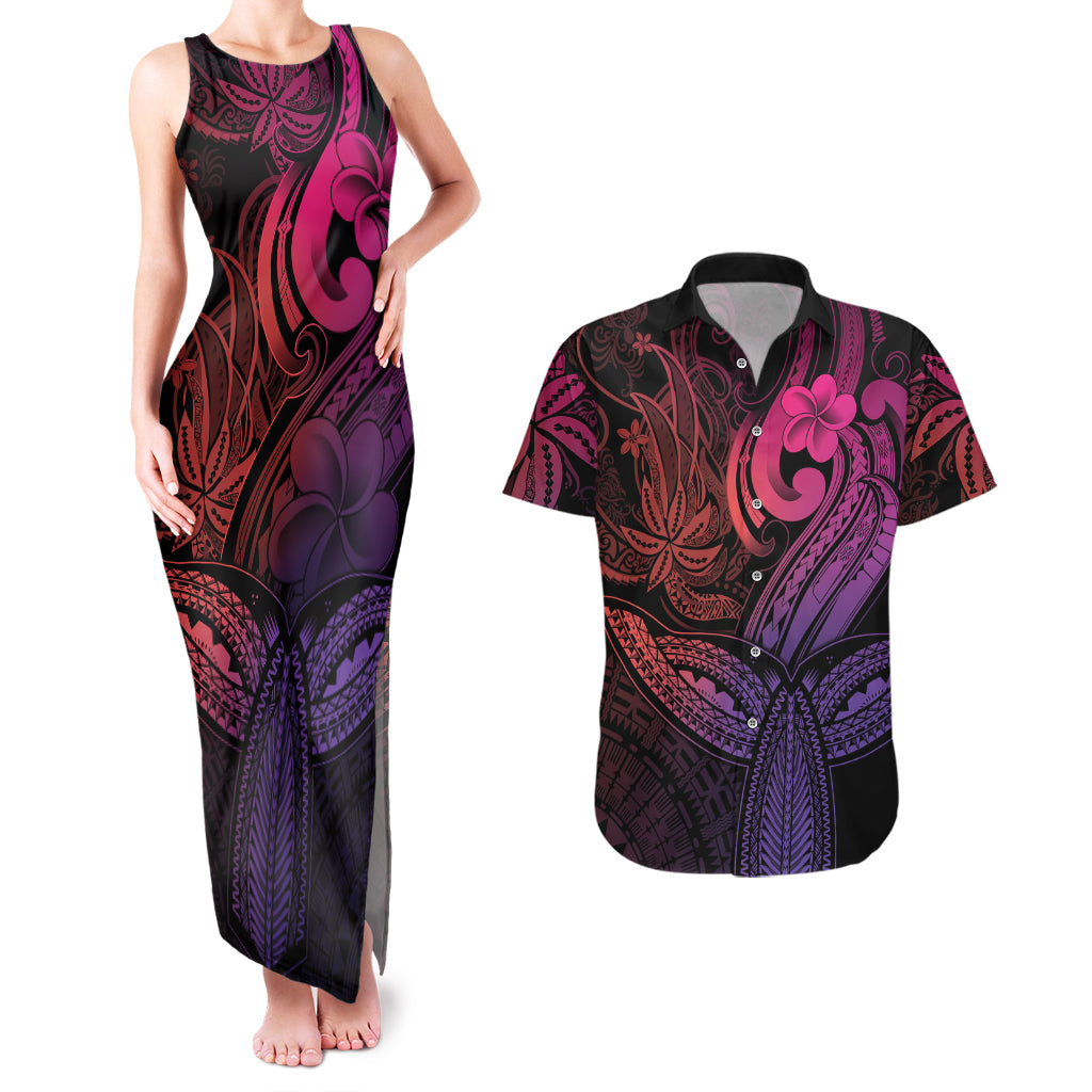 Polynesia Couples Matching Tank Maxi Dress and Hawaiian Shirt Whale Tale and Polynesian Sunset Plumeria Pink LT9 Pink - Polynesian Pride