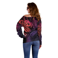 Polynesia Off Shoulder Sweater Whale Tale and Polynesian Sunset Plumeria Pink LT9 - Polynesian Pride