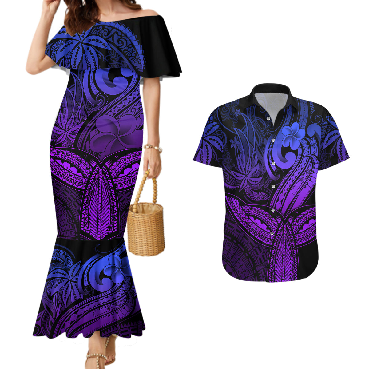 Polynesia Couples Matching Mermaid Dress and Hawaiian Shirt Whale Tale and Polynesian Sunset Plumeria Purple LT9 Purple - Polynesian Pride