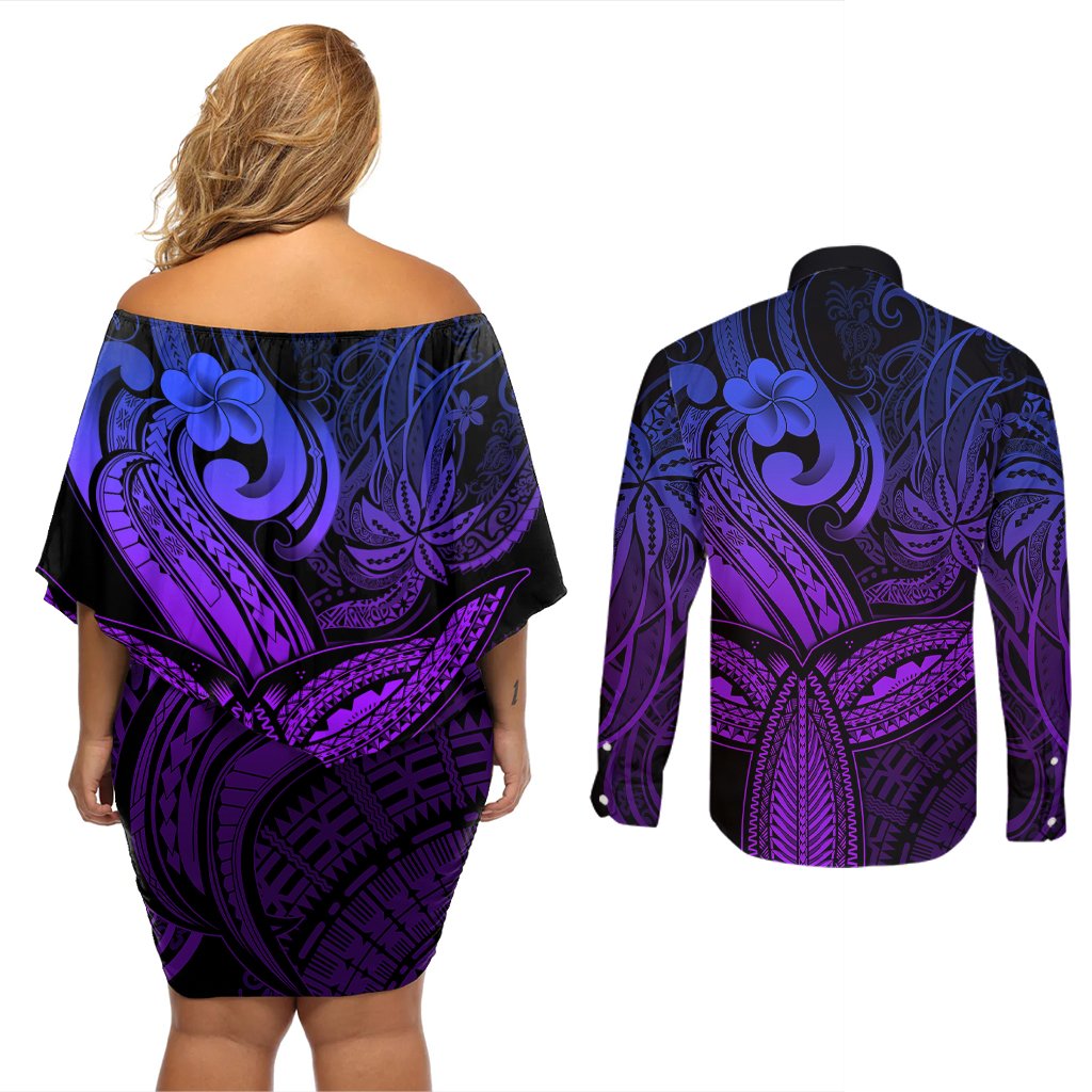 Polynesia Couples Matching Off Shoulder Short Dress and Long Sleeve Button Shirts Whale Tale and Polynesian Sunset Plumeria Purple LT9 - Polynesian Pride