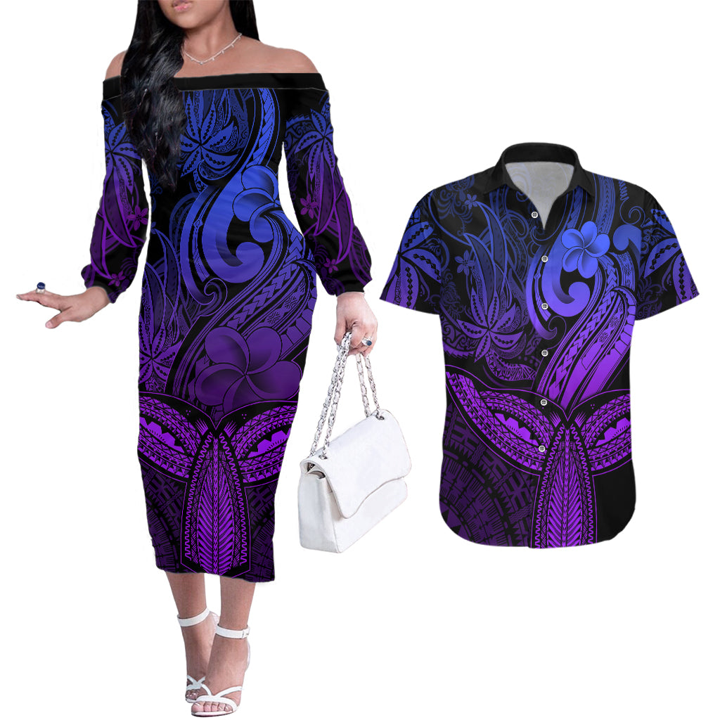 Polynesia Couples Matching Off The Shoulder Long Sleeve Dress and Hawaiian Shirt Whale Tale and Polynesian Sunset Plumeria Purple LT9 Purple - Polynesian Pride