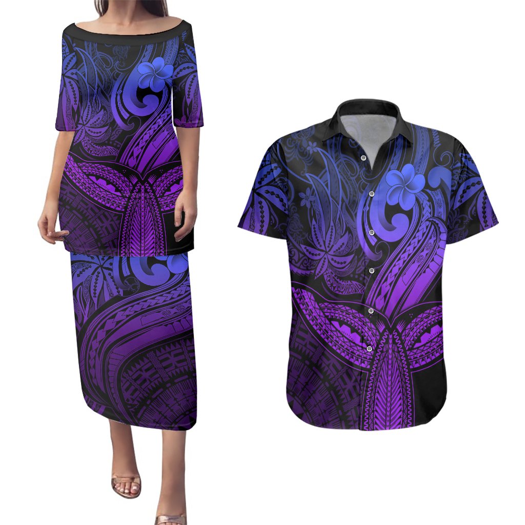 Polynesia Couples Matching Puletasi Dress and Hawaiian Shirt Whale Tale and Polynesian Sunset Plumeria Purple LT9 Purple - Polynesian Pride