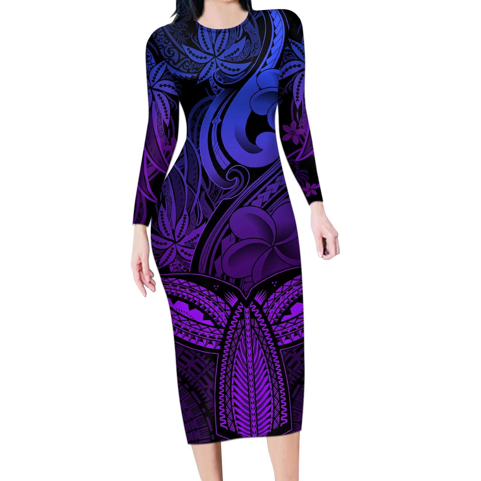 Polynesia Long Sleeve Bodycon Dress Whale Tale and Polynesian Sunset Plumeria Purple LT9 Long Dress Purple - Polynesian Pride